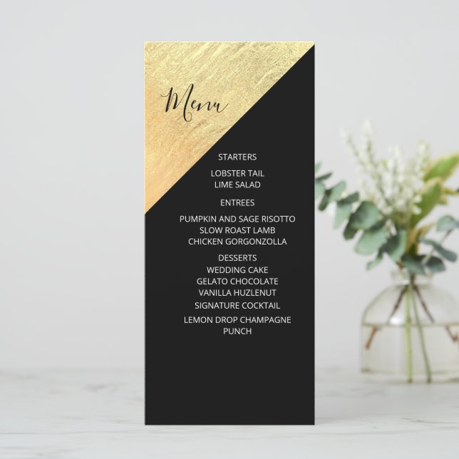 Elegant Modern Black & Gold Foil Wedding Menu (Standing Front)