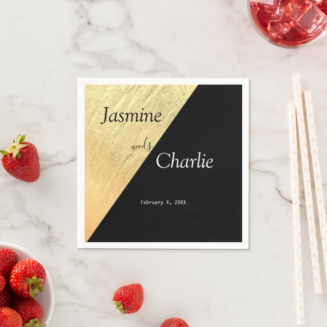 Elegant Modern Black & Gold Foil Wedding Napkin (Insitu)
