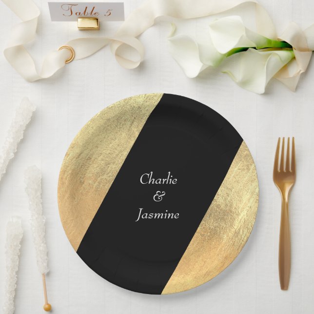 Elegant Modern Black & Gold Foil Wedding Paper Plate (Wedding)