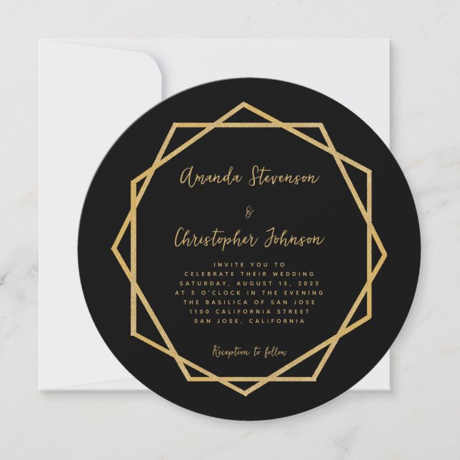 Elegant Modern Black Gold Geometric Wedding Invitation (Front)