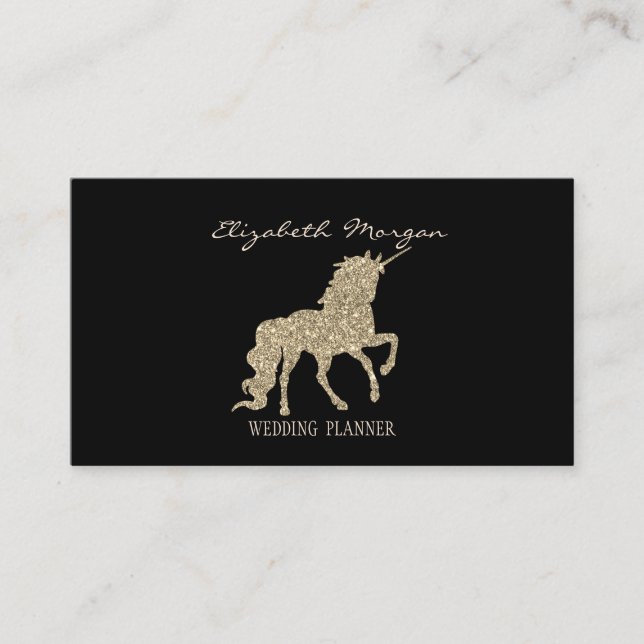 Elegant Modern Black,Gold Glitter Unicorn Business Card (Front)