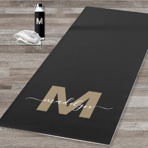 Elegant Modern Black Gold Initial Name Monogram Yoga Mat