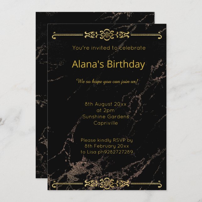 ELEGANT MODERN BLACK GOLD MARBLE BORDER INVITATION (Front/Back)