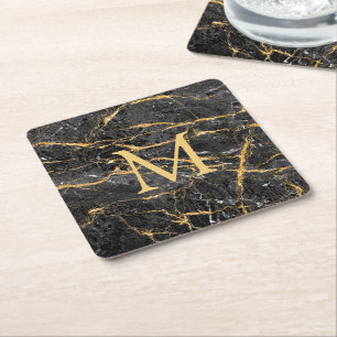 Elegant Modern Black Gold Marble Monogram Square Paper Coaster