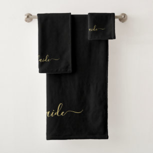 Elegant Modern Black Gold Monogram Name Scrip Bath Towel Set