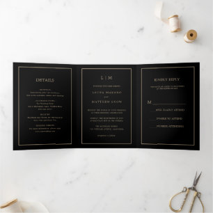 Elegant Modern Black Gold Monogram Simple Wedding Tri-Fold Invitation