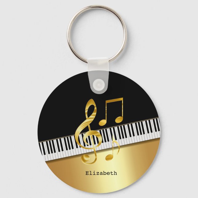 Elegant Modern Black Gold Music Notes,Piano Keys  Key Ring (Front)