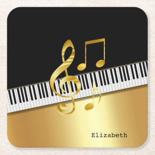 Elegant Modern Black Gold Music Notes,Piano Keys  Square Paper Coaster