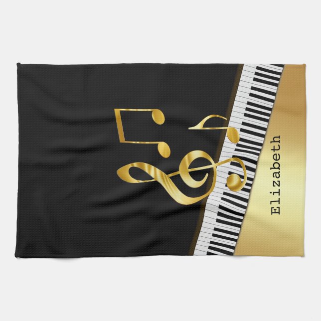 Elegant Modern Black Gold Music Notes,Piano Keys   Tea Towel (Horizontal)