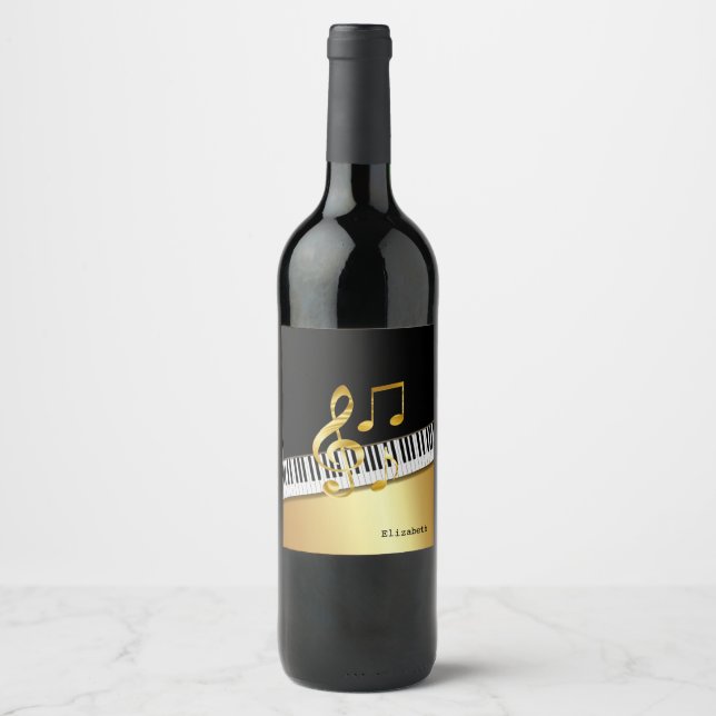 Elegant Modern Black Gold Music Notes,Piano Keys   Wine Label (Front)