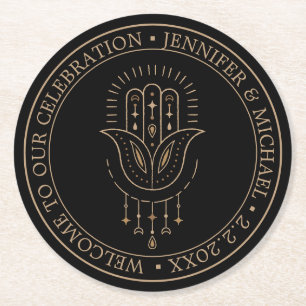 elegant modern black gold mystical wedding round paper coaster