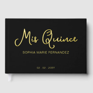 Elegant Modern Black Gold Photo Quinceañera Guest Book