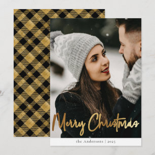 Elegant Modern Black Gold Plaid Christmas Photo Holiday Card