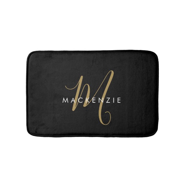 Elegant Modern Black Gold Script Monogram Bath Mat (Front)