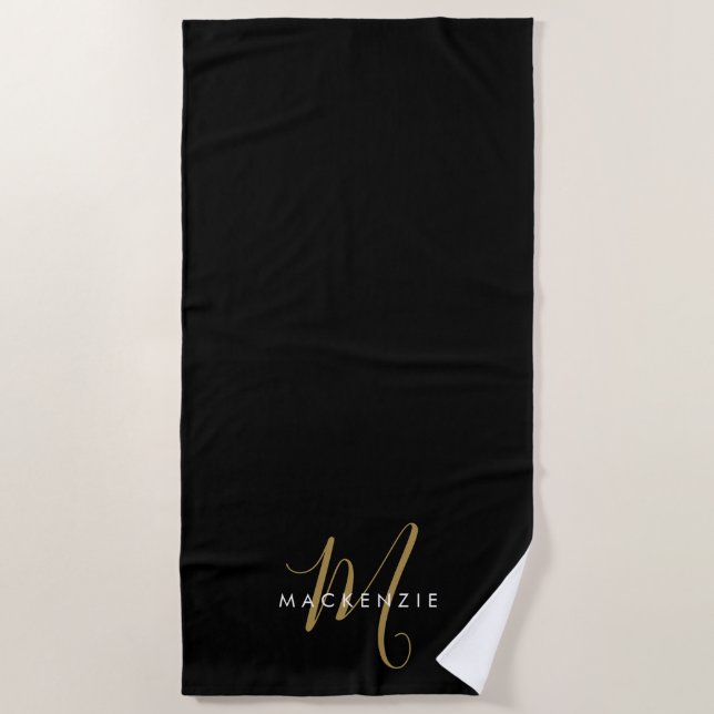 Elegant Modern Black Gold Script Monogram Beach Towel (Front)