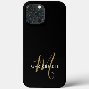 Elegant Modern Black Gold Script Monogram iPhone 13 Pro Max Case