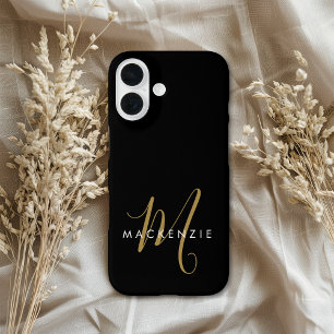 Elegant Modern Black Gold Script Monogram iPhone 16 Case