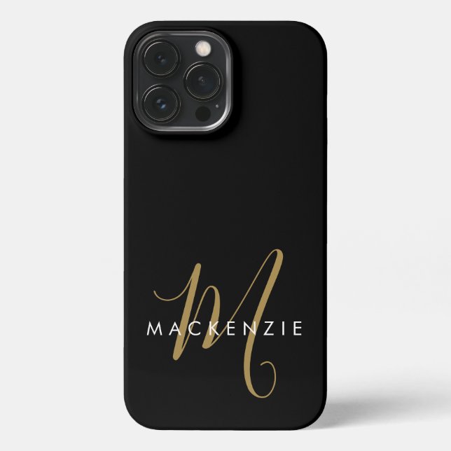 Elegant Modern Black Gold Script Monogram iPhone Case (Back)
