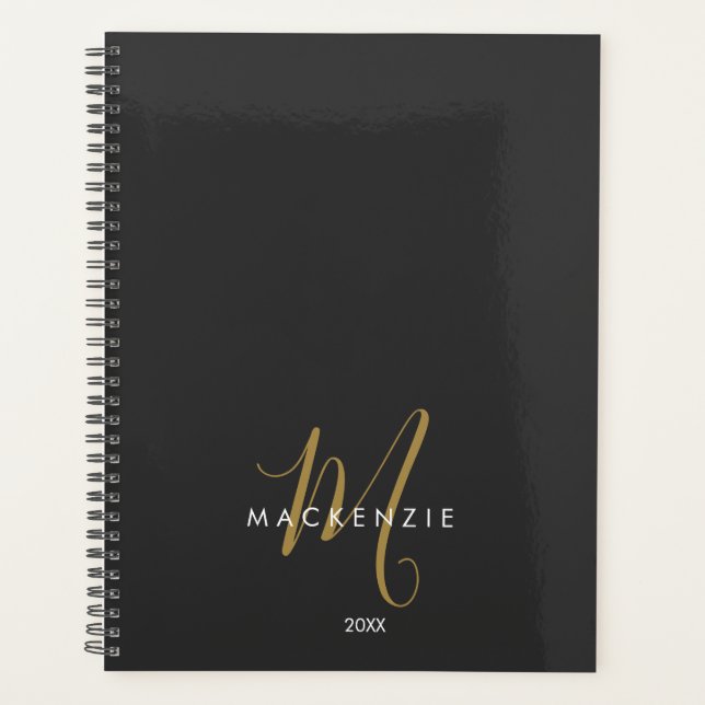 Elegant Modern Black Gold Script Monogram Planner (Front)