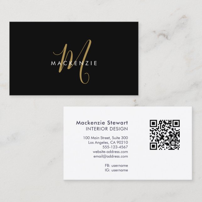 Elegant Modern Black Gold Script Monogram QR Code Business Card (Front/Back)