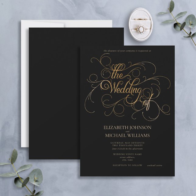 Elegant Modern Black & Gold Script Wedding Invitation (Creator Uploaded)