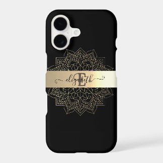 Elegant Modern Black Gold Stripe Floral Mandala
