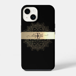 Elegant Modern Black Gold  Stripe Floral Mandala   iPhone 14 Case