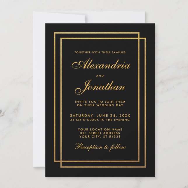 Elegant Modern Black Gold Wedding Invitation (Front)