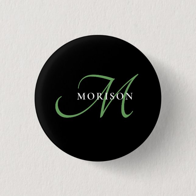Elegant Modern Black Green Script Monogram 3 Cm Round Badge (Front)