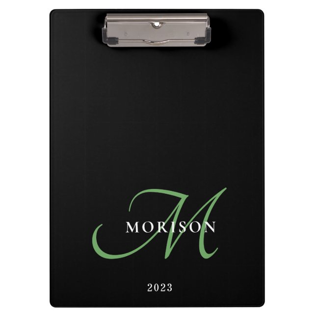 Elegant Modern Black Green Script Monogram Clipboard (Front)