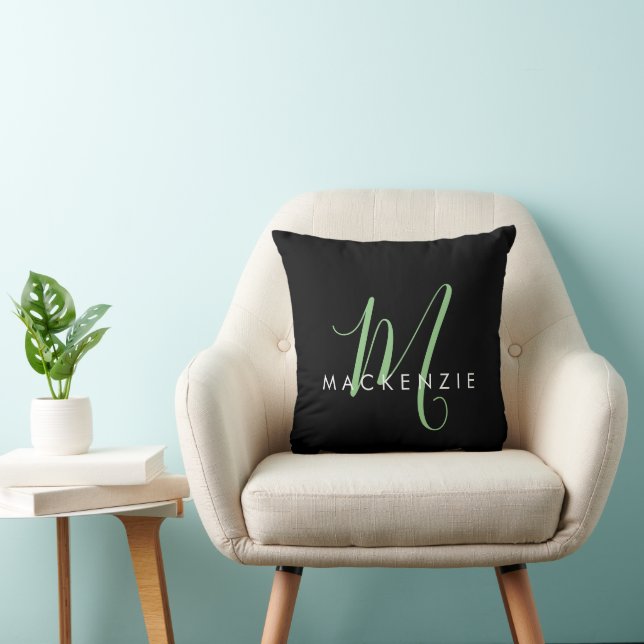 Elegant Modern Black Green Script Monogram Cushion (Chair)
