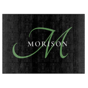 Elegant Modern Black Green Script Monogram Cutting Board