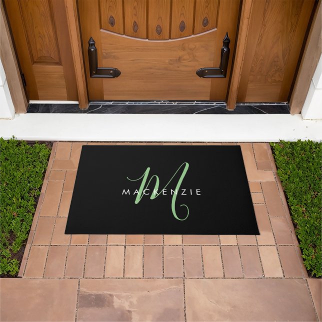 Elegant Modern Black Green Script Monogram Doormat (Outdoor)