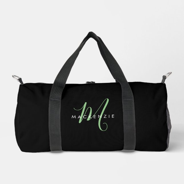 Elegant Modern Black Green Script Monogram Duffle Bag (Front)