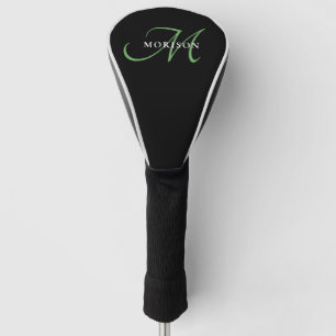 Elegant Modern Black Green Script Monogram Golf Head Cover