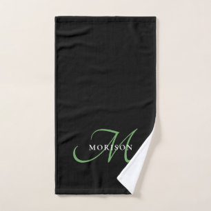 Elegant Modern Black Green Script Monogram Hand Towel