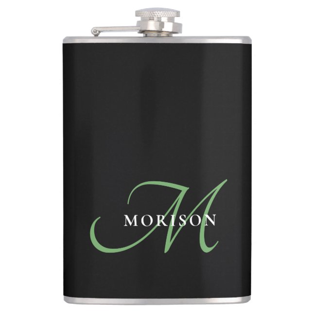 Elegant Modern Black Green Script Monogram Hip Flask (Front)
