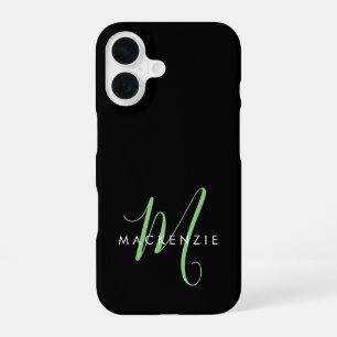 Elegant Modern Black Green Script Monogram iPhone 16 Case