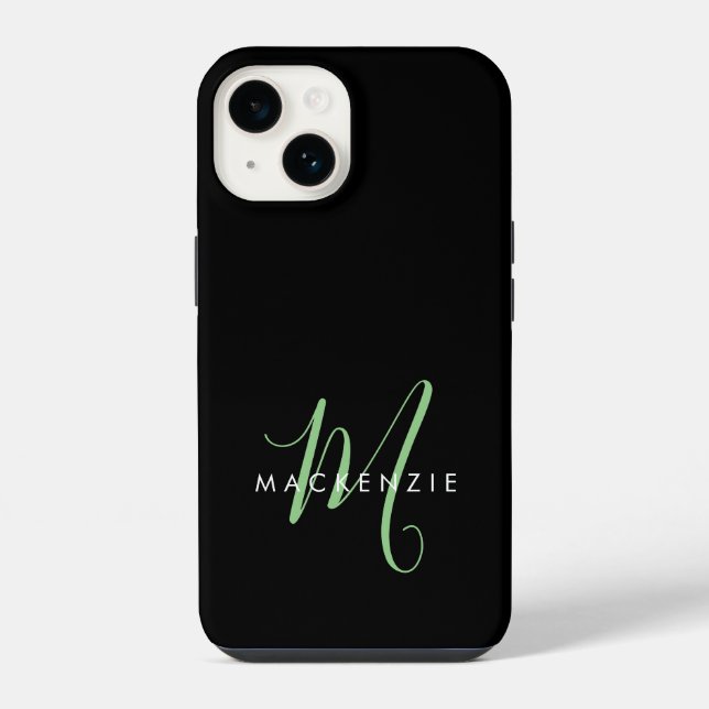 Elegant Modern Black Green Script Monogram iPhone Case (Back)