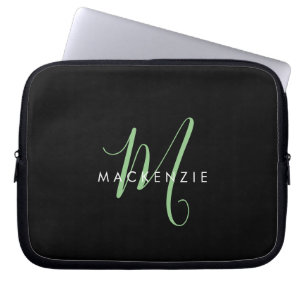 Elegant Modern Black Green Script Monogram Laptop Sleeve