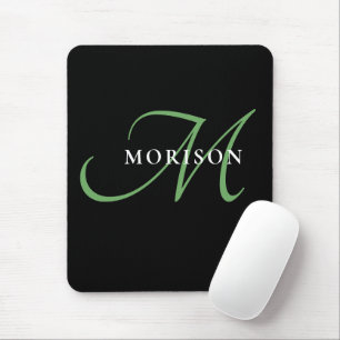 Elegant Modern Black Green Script Monogram Mouse Pad