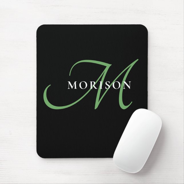 Elegant Modern Black Green Script Monogram Mouse Pad (With Mouse)
