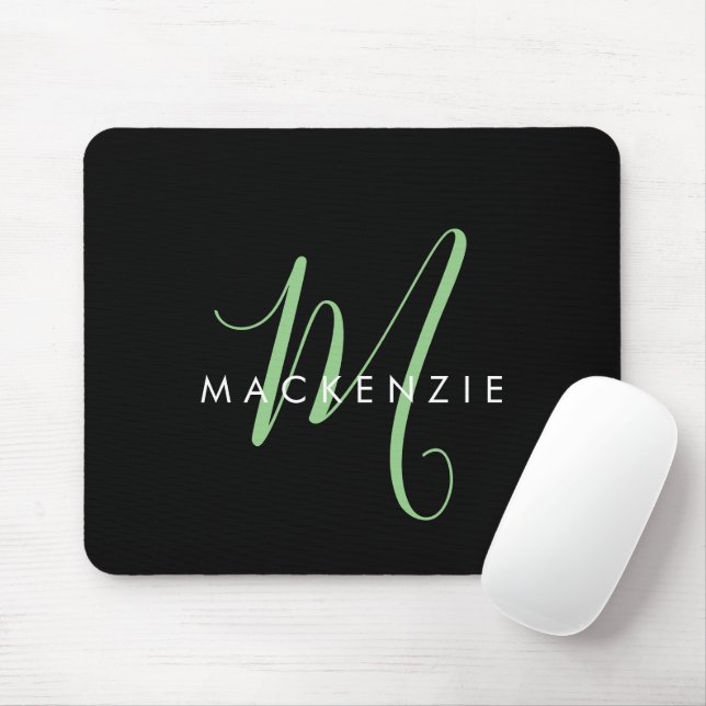 Elegant Modern Black Green Script Monogram Mouse Pad (With Mouse)