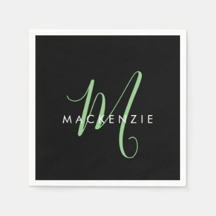 Elegant Modern Black Green Script Monogram Napkin