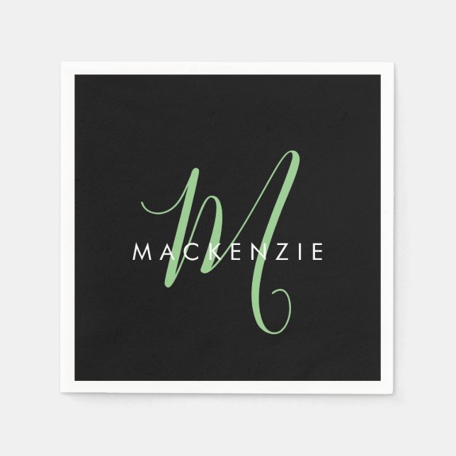 Elegant Modern Black Green Script Monogram Napkin (Front)