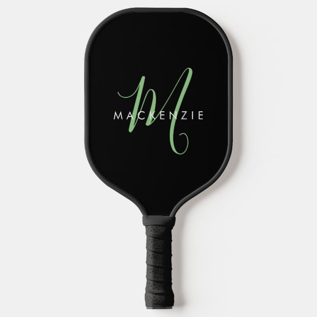 Elegant Modern Black Green Script Monogram Pickleball Paddle (Front)