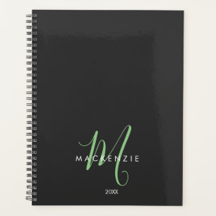 Elegant Modern Black Green Script Monogram Planner