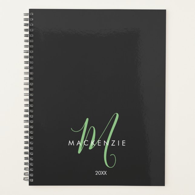 Elegant Modern Black Green Script Monogram Planner (Front)