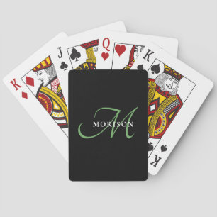 Elegant Modern Black Green Script Monogram Playing Cards