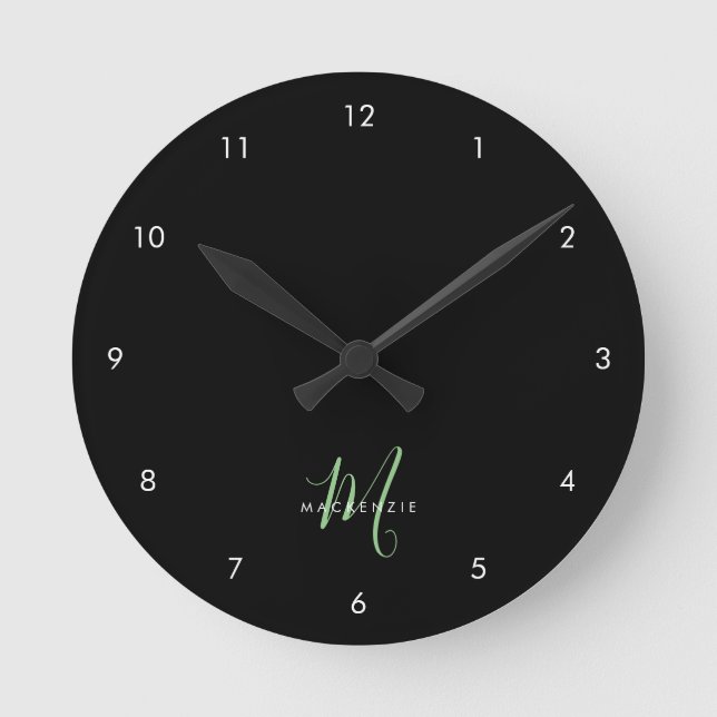 Elegant Modern Black Green Script Monogram Round Clock (Front)